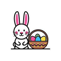 Obraz premium Cute Easter Bunny with Colorful Eggs in Basket.