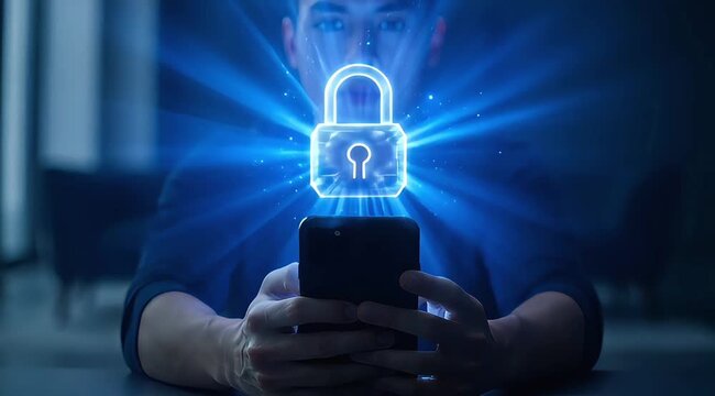 Person Holding Smartphone with Glowing Blue Padlock Hologram. Mobile Security and Cybersecurity Concept
