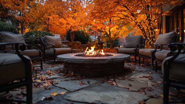 Stone fire pit burning on an outdoor patio at twilight. Empty chairs surround the warm fire, with colorful autumn trees in the background