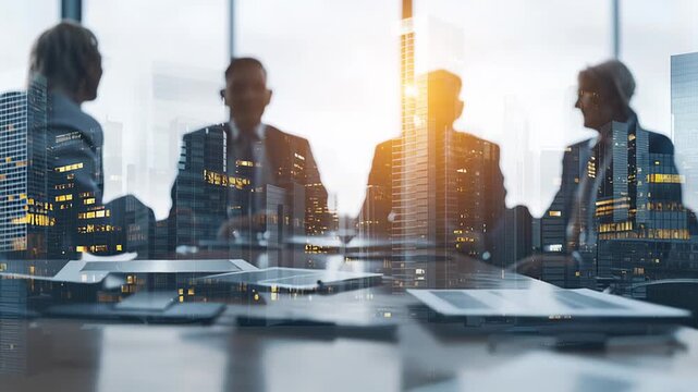 Corporate meeting of business people discussing a project. Silhouette of managers in a boardroom with a double exposure of city skyscrapers