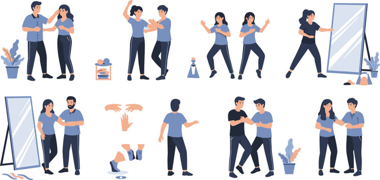 Couple relationship conflict and communication vector set with arguments, support, reconciliation and emotional interaction scenes cartoon illustration