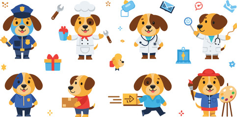 Fototapeta premium Cute dog professions vector set with police officer, doctor, scientist, artist, courier and worker puppy characters in cartoon style