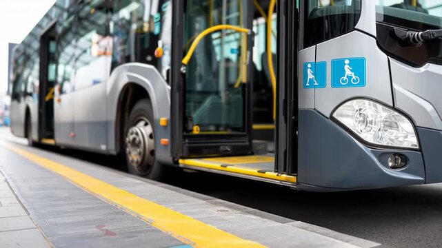 Modern city bus deploying an automatic ramp for wheelchair access at a bus stop. A concept of inclusivity and accessible mobility
