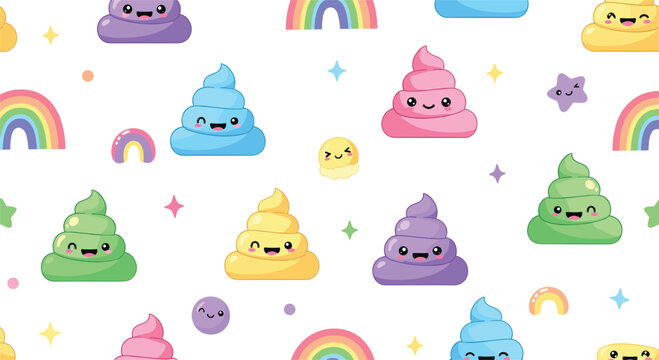 Cute kawaii poop emoji seamless pattern vector illustration with colorful smiling poop characters, rainbows and playful cartoon background