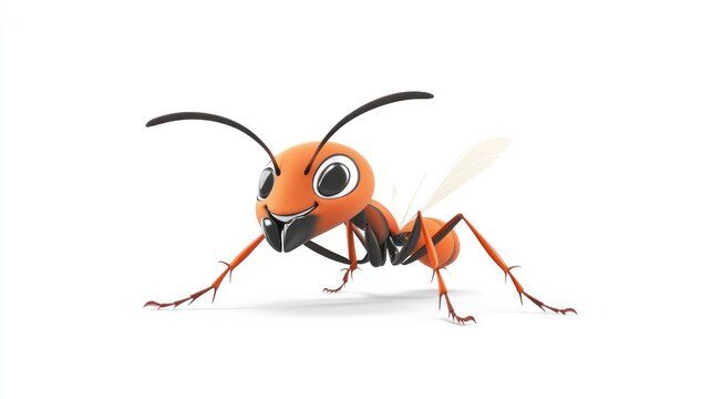 Cartoonish orange ant with big eyes and wings posed on a white background