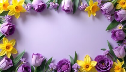 Naklejka premium Purple roses and yellow daffodils form a border on a light lavender background. This floral arrangement suggests spring and natural beauty. Its fresh look suits many designs.