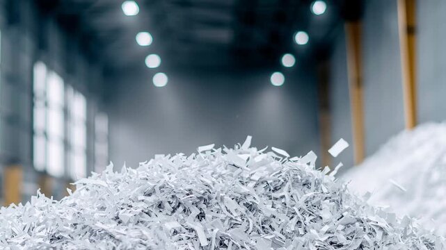 Shredded white paper falling into a large pile. Industrial concept of paper recycling, waste management, and environmental protection