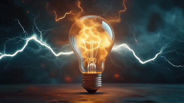 A glowing light bulb with electric lightning bolts emanating from it, set against a dark background with a dramatic and intense mood.