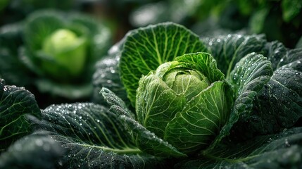 Fototapeta premium Green cabbage growing in garden close up. Organic vegetable, farm harvest.