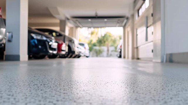 Smooth camera movement across a new epoxy coated concrete floor in a bright, modern underground parking garage with cars in the background