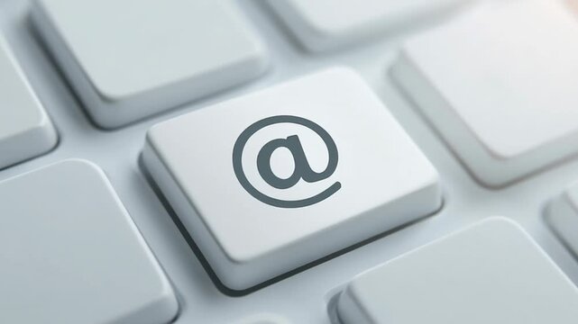 Macro shot showing a computer keyboard button with the at sign symbol being pressed. Concept for email, contact, and online communication
