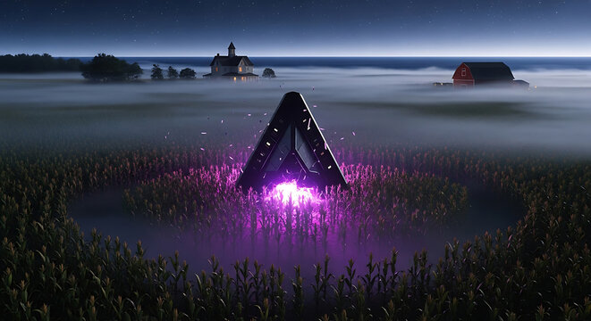 mysterious alien object glowing purple in a foggy cornfield at night creating an otherworldly sci-fi encounter near a rural farm.