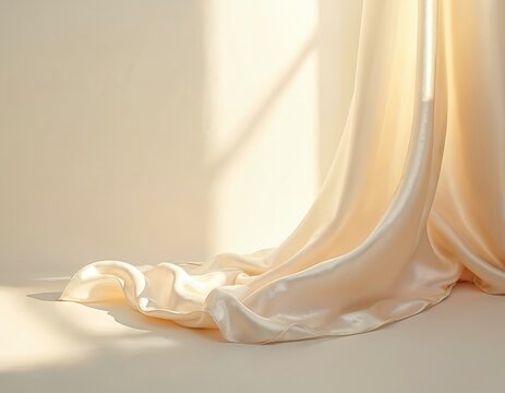 Pale silk scarf drapes gracefully on flat surface. Soft warm window light creates shadows. Elegant fabric mockup for fashion or beauty display.