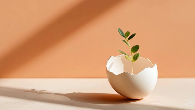 Young green plant sapling sprouting from a white broken eggshell. Conceptual video about new life, renewal, hope, and spring