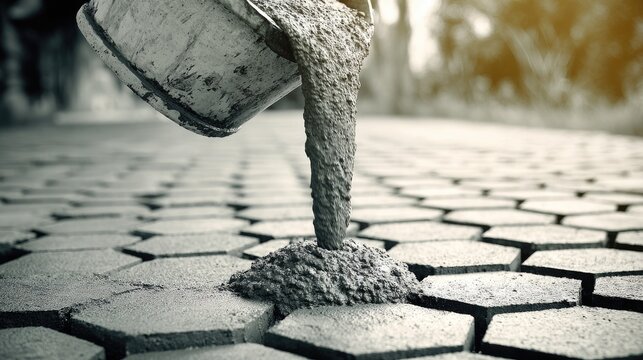 Concrete pouring construction creating a hexagonal patterned surface