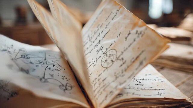 Antique open book with handwritten notes and scientific or alchemical drawings on a wooden table. Old manuscript pages turning in the wind