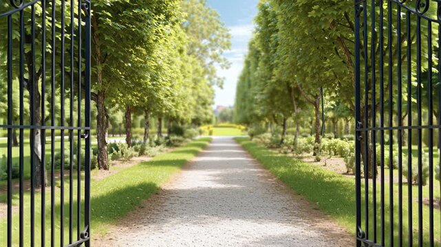 Wrought iron gates slowly opening to reveal a long, straight gravel path through a beautiful sunlit park with rows of lush green trees