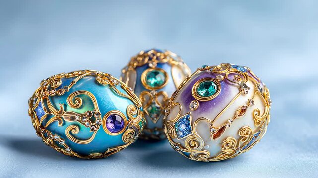 Three luxurious Faberge style easter eggs decorated with intricate gold filigree, colorful enamel, and sparkling jewels on a silky blue background
