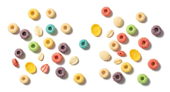 Colorful cereal pieces scattered on white background