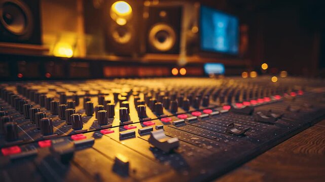 State of the art mixing console found in a recording studio, featuring a variety of faders, knobs, and buttons. Essential audio gear for music production and live broadcasting