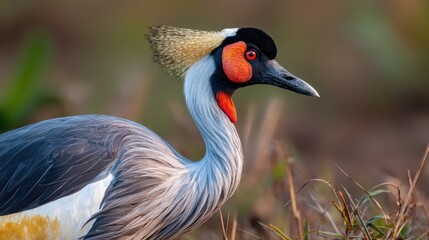 Fototapeta premium Close up of a grey crowned crane in natural habitat with striking plumage