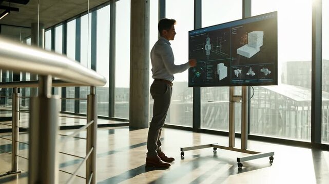 Architecture, Design and Engineering concept with a professional presenting building plans on a digital display in a modern office environment. Innovative technology and collaboration with detailed