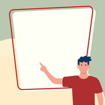 Presentator shows important information on whiteboard. Man show main message written over big text holder. Finger pointing to table with words.