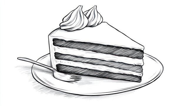 Sketch of layered cake slice on plate with fork