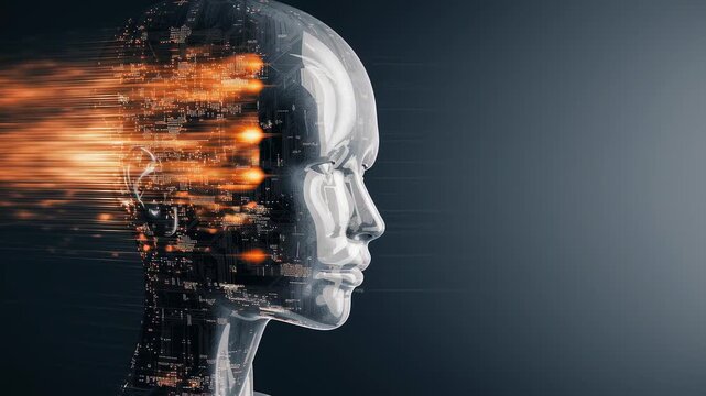 Sophisticated android processing big data. Digital human head with circuit board texture, glowing particles and computer code lines