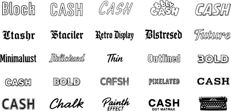 Diverse Font Styles and Text Effects Showcase: A typography collection featuring examples like Block, Retro, Italicized, Bold, Outlined, Pixelated, Chalk, Paint, and Dot Matrix text variations.