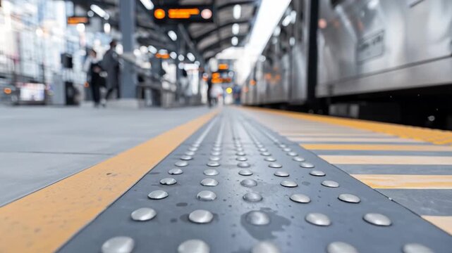 Tactile paving and a yellow safety line on a train platform with a train arriving and commuters waiting in the blurred background