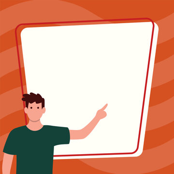 Presentator shows important information on whiteboard. Man show main message written over big text holder. Finger pointing to table with words.