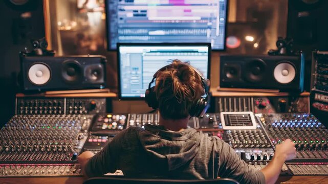 Male artist produces music in a soundproof studio while surrounded by mixers and monitors at night, focusing on his craft with intense concentration
