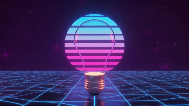 Neon-lit bulb with pink and blue hues on a futuristic grid floor against a dark background with a retro-futuristic vibe.