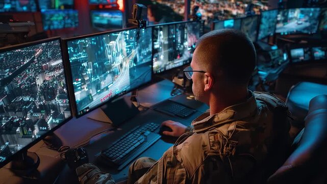 Military surveillance officer monitors operations in a city at night from a control center with multiple screens displaying live feeds