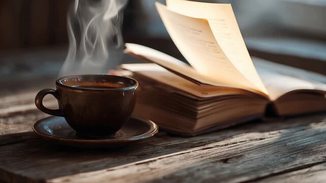 A steaming cup of coffee sits next to an open book on a rustic wooden table in a cozy reading nook