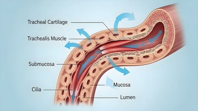 Educational medical illustration showing cross-sectional anatomy of trachea with detailed layers including tracheal cartilage mucosa submucosa cilia lumen and mucus for respiratory tract structural ed