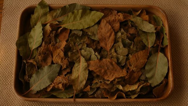 Dried bay-leaf tray background with a slow warm light patch moving across curled muted foliage