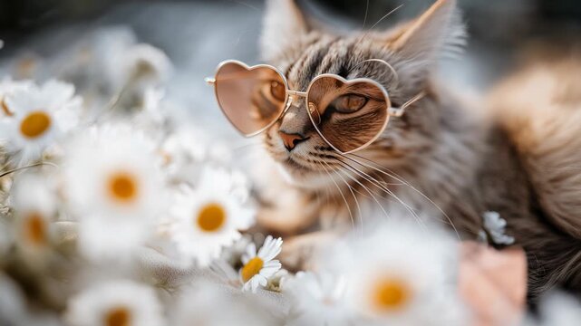 Cute fluffy tabby cat wearing funny pink heart shaped sunglasses. Adorable pet relaxing in a meadow of fresh white chamomile flowers