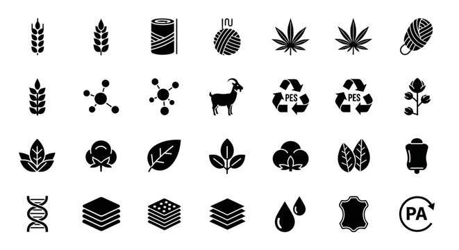 textile materials and sustainability icons illustrating natural synthetic and recycled fiber lifecycles for industry and ecological labeling.