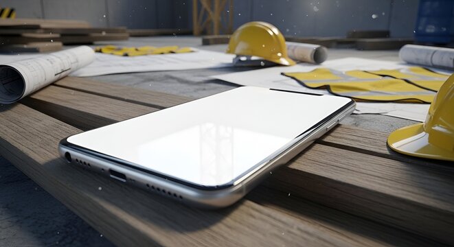 Smartphone on construction site blueprints, hard hats, and safety vests
