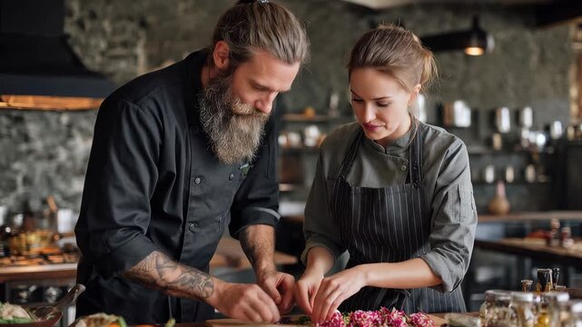 Handsome bearded chef and smiling female chef preparing fresh ingredients in rustic kitchen while sharing culinary tips and laughter