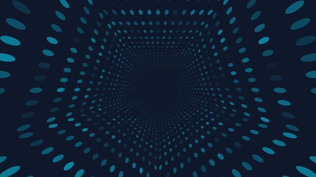 Dark cyan polygon tunnel with luminous dot pattern and deep perspective, designed as a seamless 4K loop for futuristic visuals, digital scenes, and tech backdrops.
