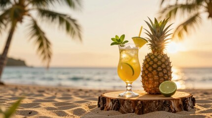 Obraz premium Cocktail and fresh fruit on beachside table at sunset facing ocean waves