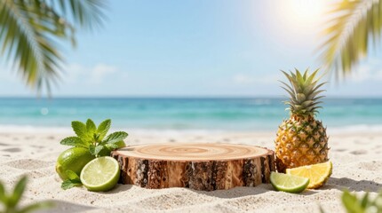 Obraz premium Fresh fruits and wood slice on sand by the beach with ocean and palm trees in clear daylight