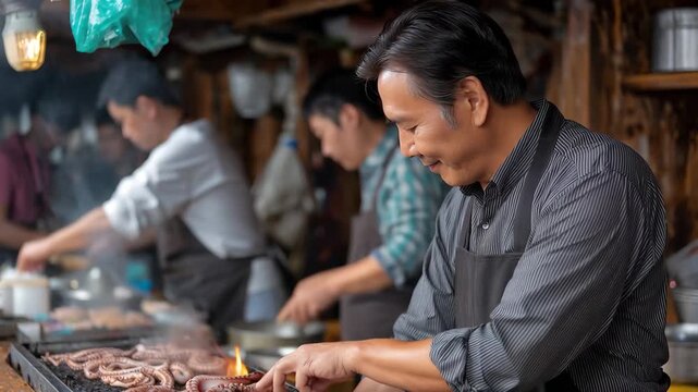 Korean man grilling squid at Dongmun traditional market, showcasing street food culture during vibrant market hours