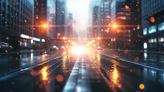City Lights at Night: A captivating urban landscape unveils a bustling city at night, the slick asphalt mirroring the vibrant lights, painting a picture of energy and constant motion.