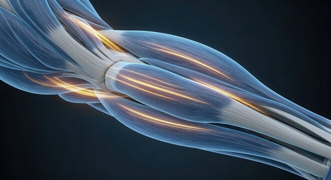 Detailed anatomical illustration of human arm muscles and tendons with glowing energy.