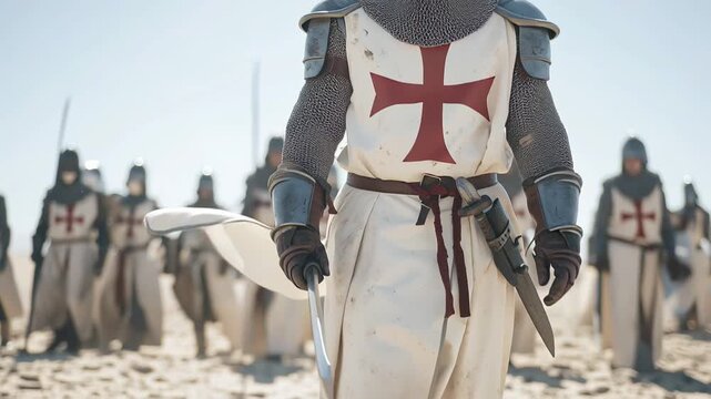 Knight Templar commander in armor leading his army of crusaders through the desert for a holy war