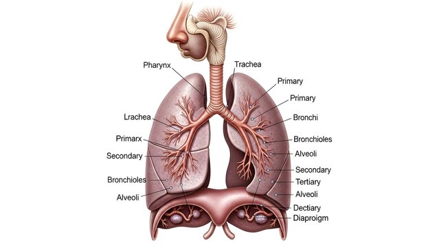 Detailed front view medical illustration of human respiratory system with labeled lungs trachea bronchi larynx pharynx and respiratory structures on clean background for anatomical education and medic